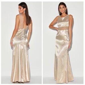 Lulus Marvelous Night Champagne Satin Embroidered Mermaid Maxi Dress NWT